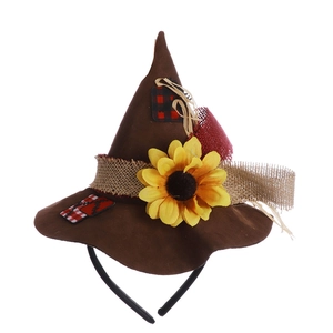 Brown wizard hat headband with yellow sunflower and plaid patch for festival parties