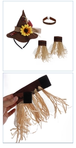 Detail view of scarecrow costume set with sunflower hat, raffia collar, and wrist cuffs