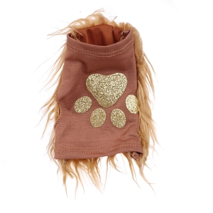 Lion costume set for dogs with plush mane and gold glitter paw print on brown fabric