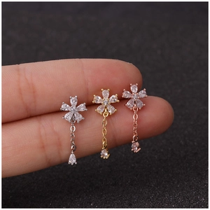 Three flower zircon dangle earrings in silver, gold and rose gold finishes