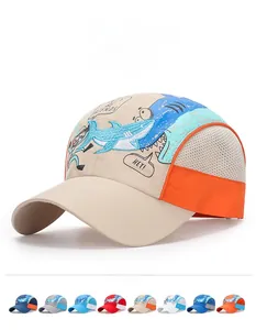 Detail of kids quick-dry sun hat with shark embroidery and eight color options available