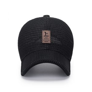 Breathable black mesh baseball cap for men and women featuring a vintage leather patch logo