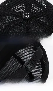 Detail of breathable black mesh fabric and adjustable plastic strap on baseball cap