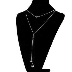 Minimalist silver double-layered stainless steel necklace with round pendant tassels