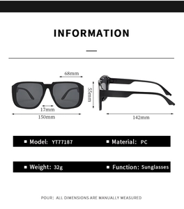 Detailed size specifications for square oversized sunglasses with PC frame measurements