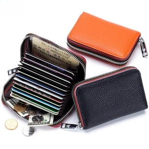 Close-up of litchi grain leather wallets with RFID protection and multi-card slot design