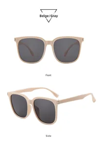 Dettaglio occhiali da sole beige con lenti grigie e cerniere metalliche laterali di lusso