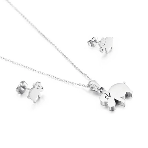 Elegant elephant necklace and earrings set in polished silver stainless steel
