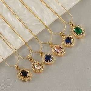 Zircon Pendant Necklace Stainless Steel 18K Gold Plated Geometric Heart Round Square Oval Colorful Gemstone Women Jewelry