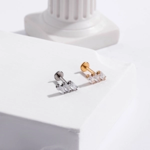 G23 titanium push-pin labret with triple rectangular zircon moon design in silver and gold