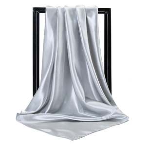 Silver grey satin silk square scarf for women with elegant metallic luster finish