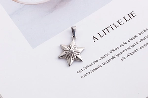 Detailed close-up of a silver hex star pendant with embossed floral motif on white card