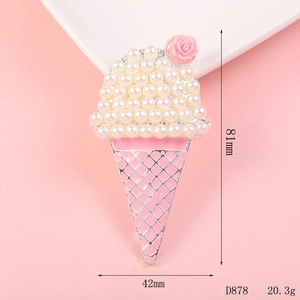 Detailed view of sweet ice cream brooch with pearls and rose, size 81mm by 42mm