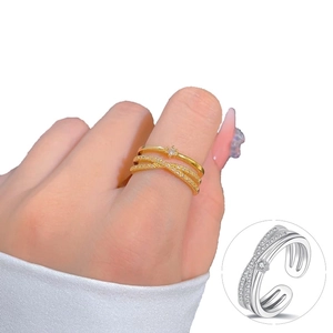 Crossed layered gold and silver open rings with micro-set zircons for women