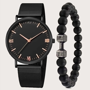 Men's Business Quartz Watch Set With Black Mesh Strap Roman Numerals Dial And Dumbbell Charm Bracelet Minimalist Jewelry