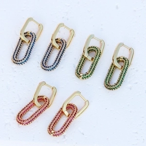 18K gold plated interlocking hoops with blue green and pink zircon gemstones