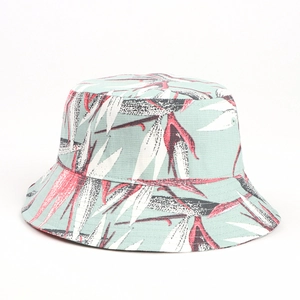 Green leaf print bucket hat for women made of cotton linen fabric with a wide brim