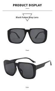 Front and side view of modern square oversized sunglasses in black frame with gray lenses