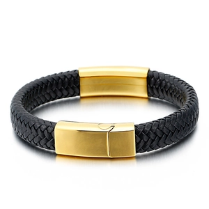 Minimalist black braided leather bracelet with polished gold medical symbol clasp