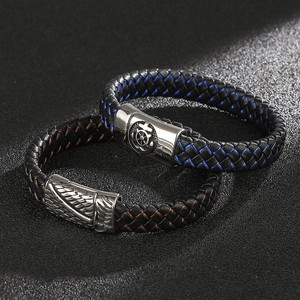 Men's woven leather bracelet set with anchor and feather stainless steel magnetic clasps