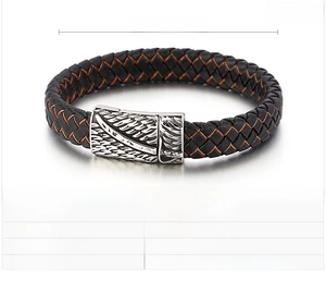 Detail view of woven leather bracelet with stainless steel feather buckle and size specs