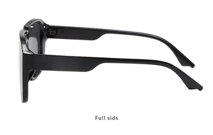 Side view of square sunglasses featuring wide temple design and premium black finish