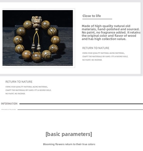 Gros plan d'un bracelet en perles de bois naturel avec bête mythique sculptée et texture