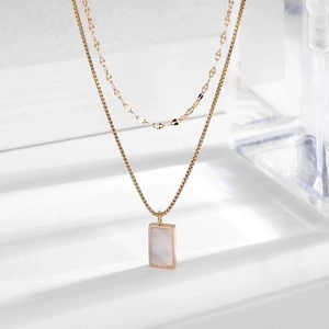 Double Layer Necklace Stainless Steel 18K Gold Plated White Mother Of Artificial Pearl Rectangle Pendant Geometric Chain Jewelry