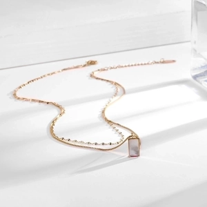 Double-layered 18k gold plated stainless steel necklace with rectangular white shell pendant