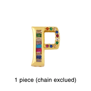 Detailed close-up of gold-plated letter P charm with colorful zircon stone inlay
