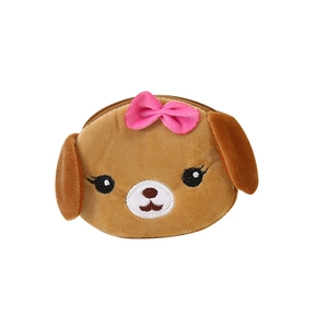 Cute plush puppy coin purse with pink bow and embroidered details on white background