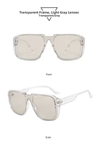Front and side view of modern light grey oversized square sunglasses with transparent frames