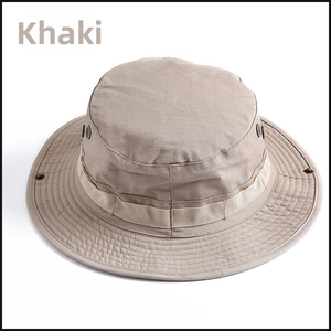 Detail of khaki tactical boonie hat with metal eyelets and reinforced stitching