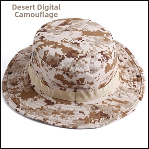 Detail of desert digital camo tactical boonie hat with side vents and webbing loops