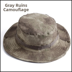 Detail of tactical boonie hat in grey ruins camouflage with metal vents and chin strap