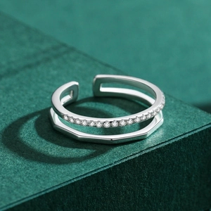 Minimalist S925 sterling silver double layered open ring with sparkling pavé zircons