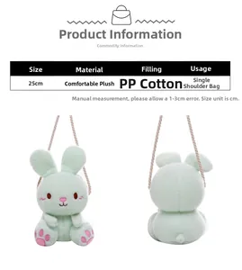 Detail view of mint green plush rabbit bag showing 25cm size and soft texture