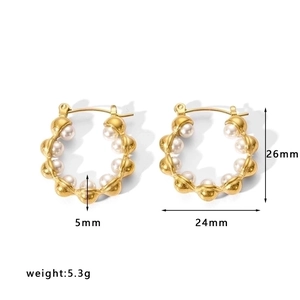 Detail view of 26mm gold hollow earrings with pearls and size measurements shown