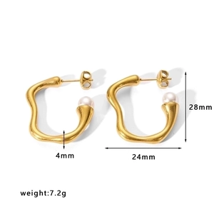 Detail view of gold hollow earrings with pearls and dimensions showing 28mm height