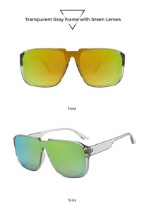 Front and side view of oversized gray square sunglasses with gold gradient lenses