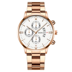 Detail of rose gold steel watch strap and white dial with three-eye sub-dials and date window