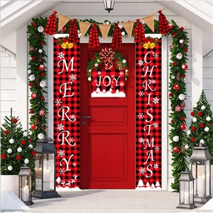 Christmas red black buffalo plaid porch banners set with Merry Christmas and Joy text