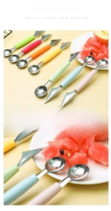 Dual-head stainless steel fruit scooper and carving tool in vibrant macaron colors