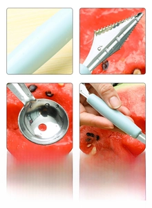 Dual-head stainless steel fruit carver and melon baller tool with blue handle