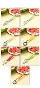 Dual-head stainless steel fruit baller and carving knife in seven vibrant colors