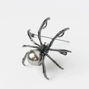 Gothic black spider brooch with grey pearl and rhinestones on polished metal