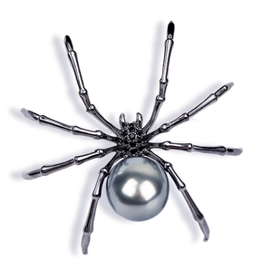 Gothic black spider brooch featuring a large grey pearl and sparkling dark rhinestones