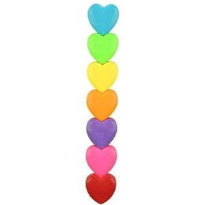 Vertical stack of seven colorful heart-shaped building blocks in rainbow plastic