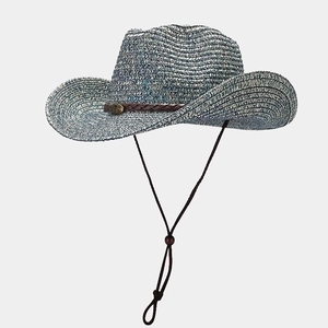 Gray-blue woven straw cowboy hat with brown leather band and adjustable chin strap
