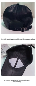Detail view of the black satin baseball cap showing adjustable metal buckle and cotton sweatband